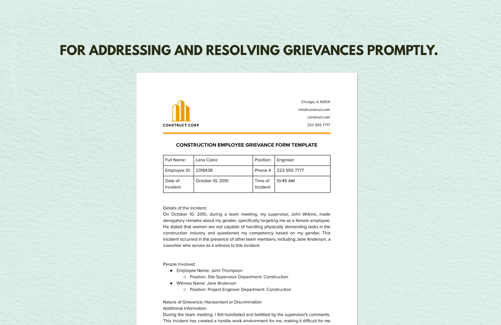 Construction Employee Grievance Form 