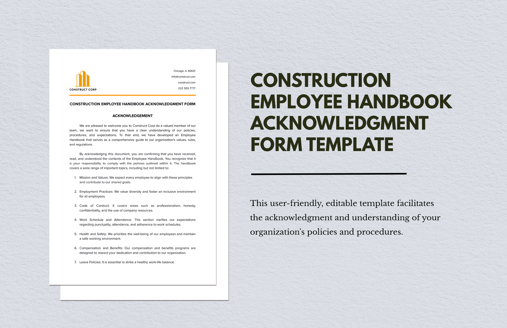 Construction Employee Handbook Acknowledgment Form