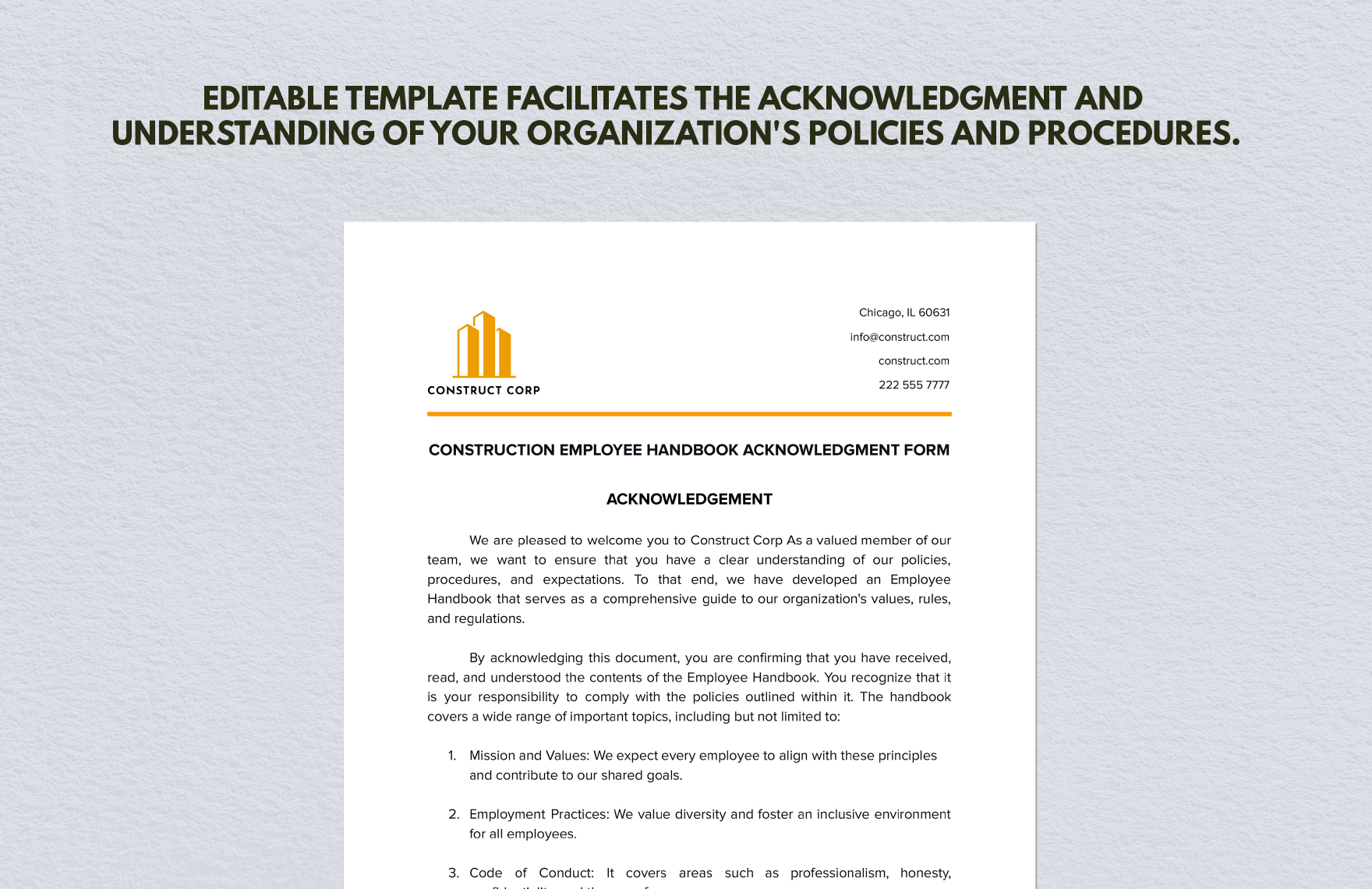 Construction Employee Handbook Acknowledgment Form