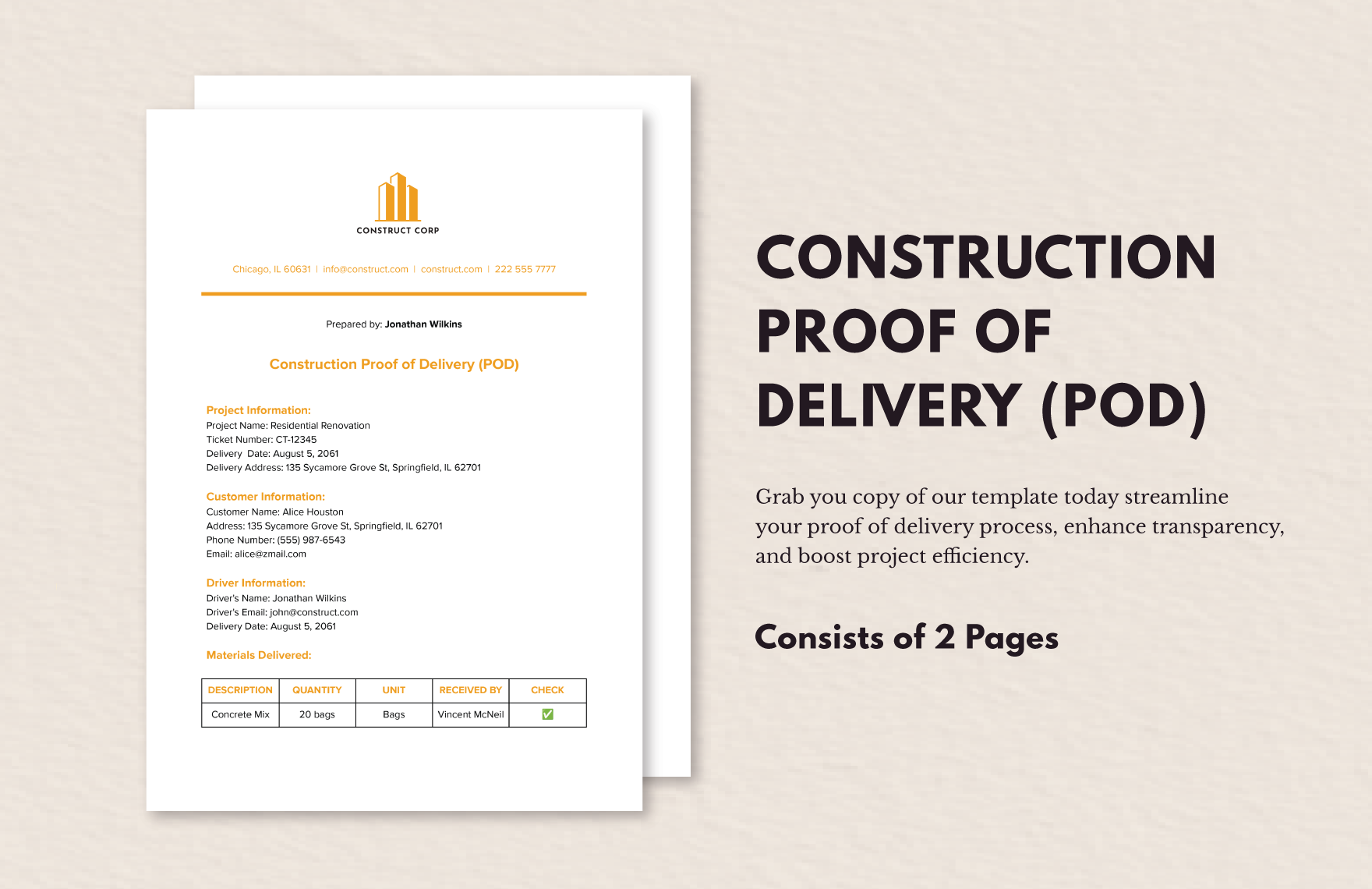 Construction Proof of Delivery (POD)  in Word, Google Docs
