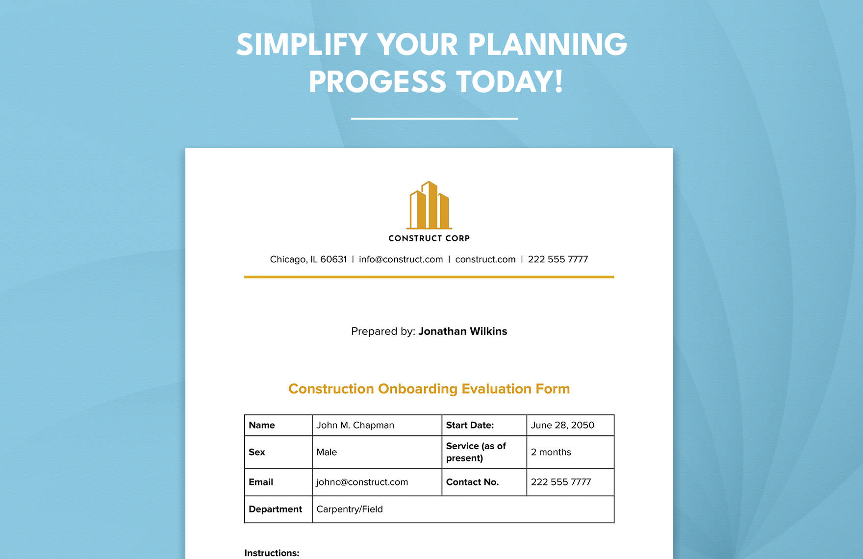 Construction Onboarding Evaluation Form 