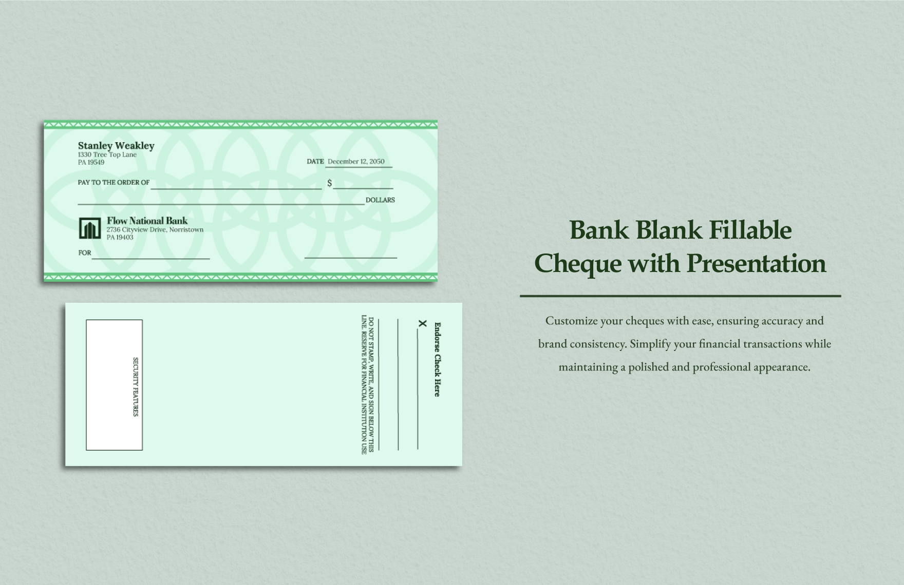 Bank Blank Fillable Cheque with Presentation