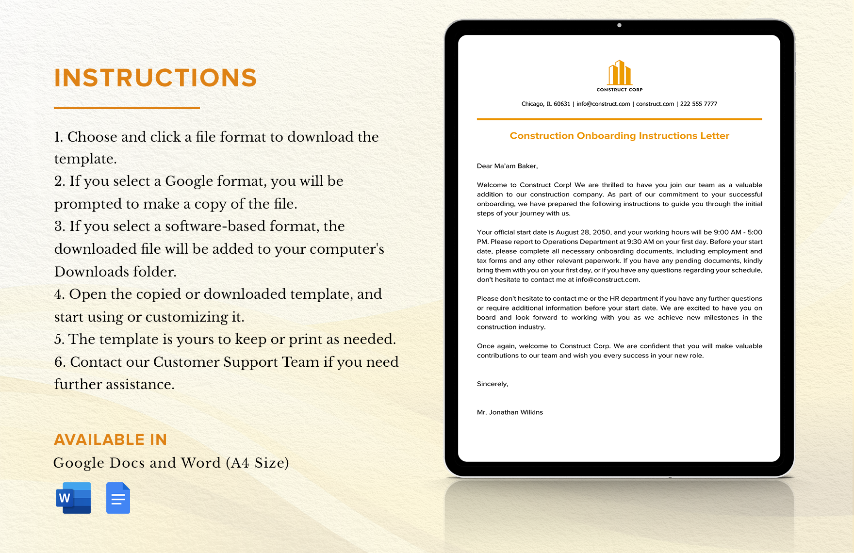 Construction Onboarding Instructions Letter Template