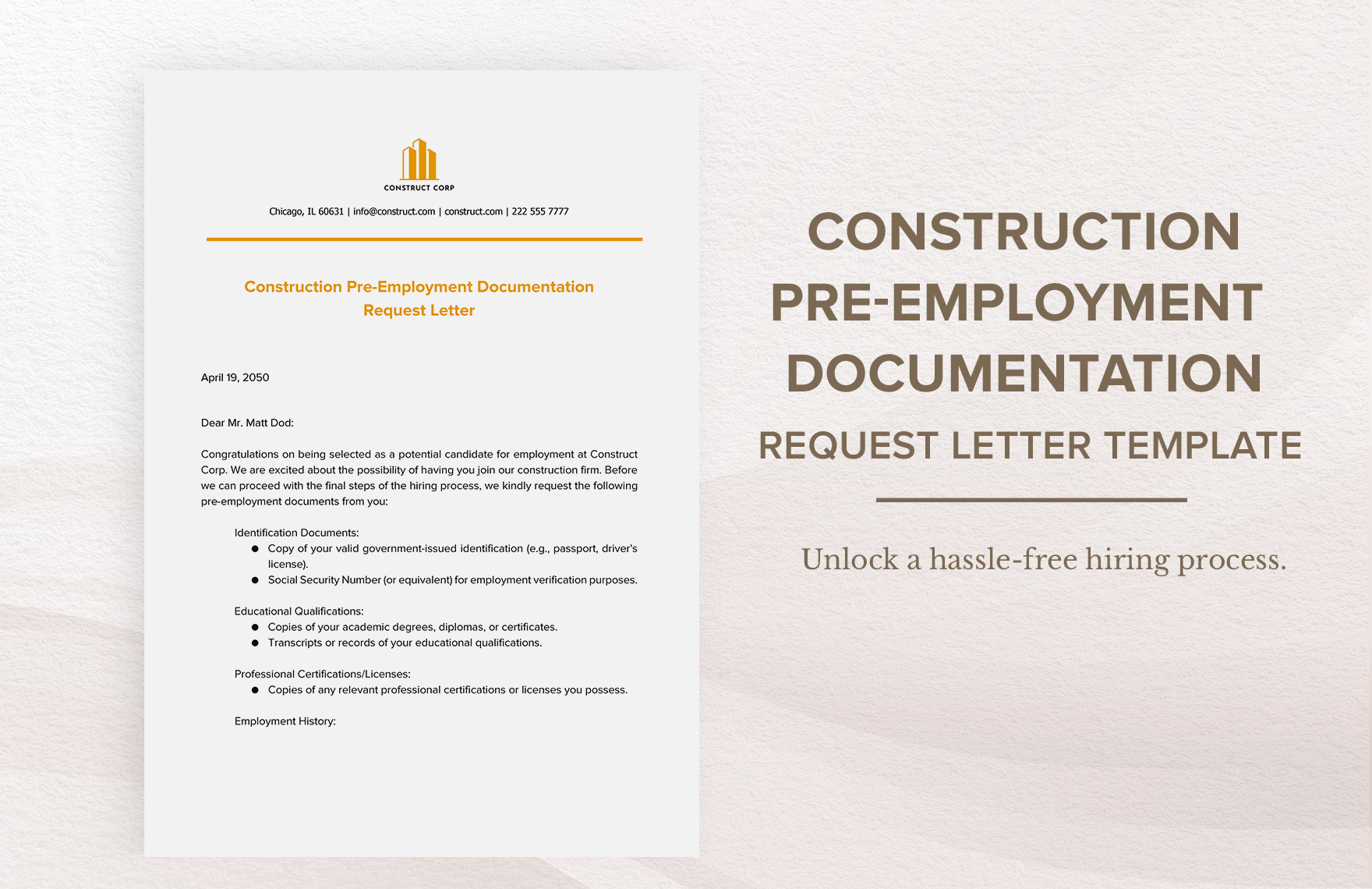 Construction Pre-Employment Documentation Request Letter Template