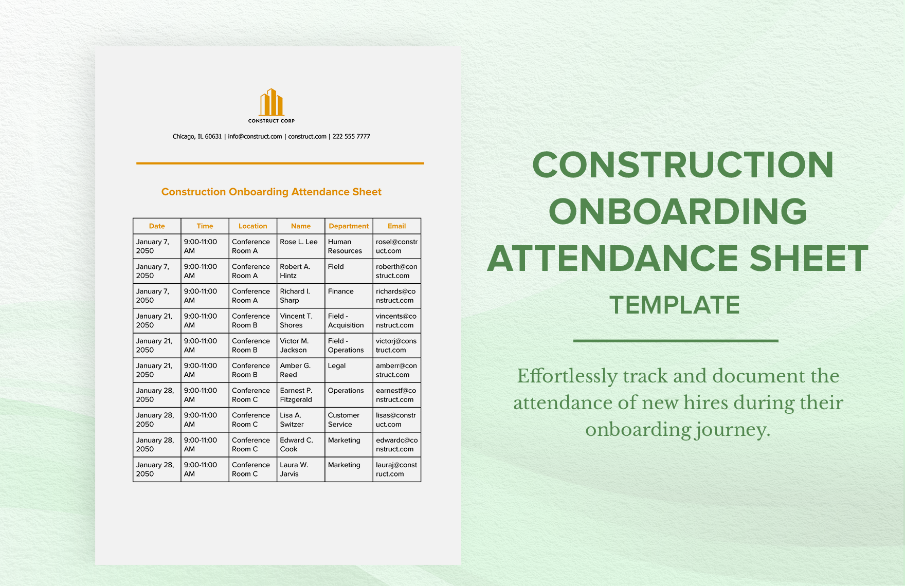 Construction Onboarding Attendance Sheet Template