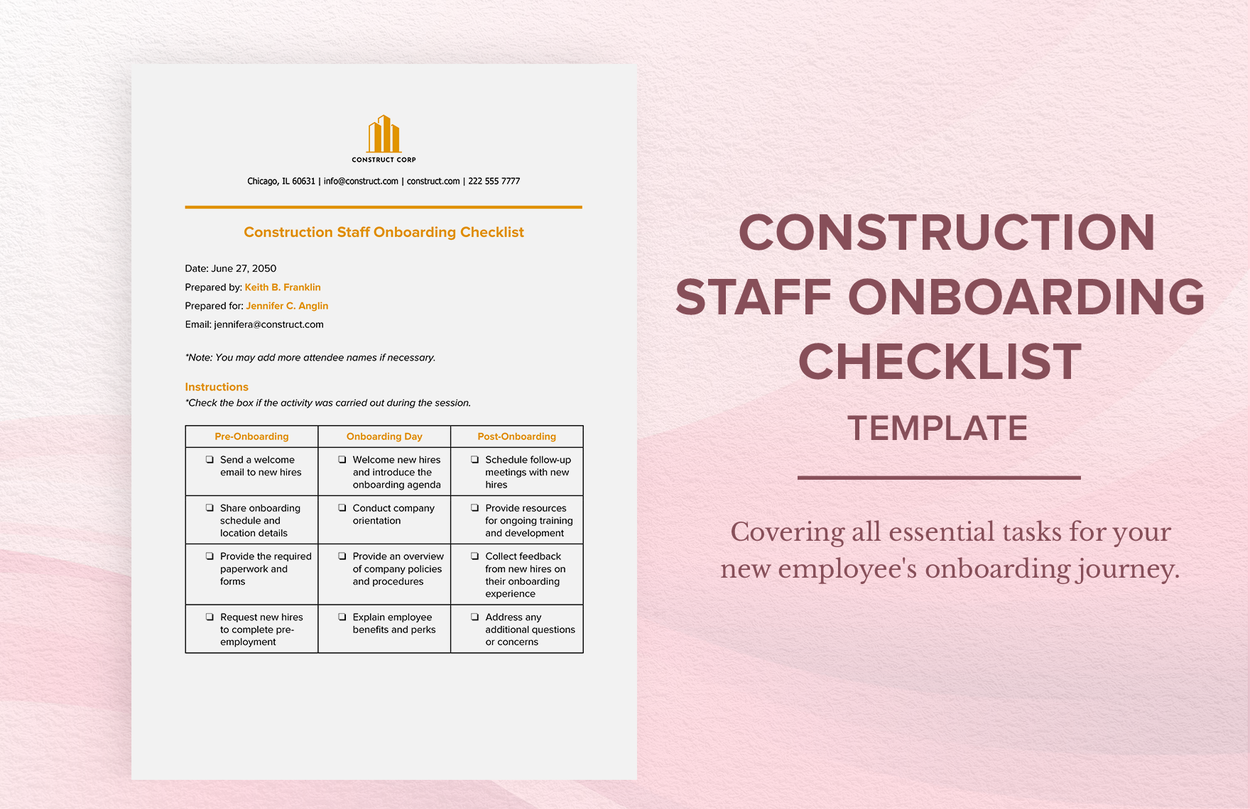 Construction Staff Onboarding Checklist Template