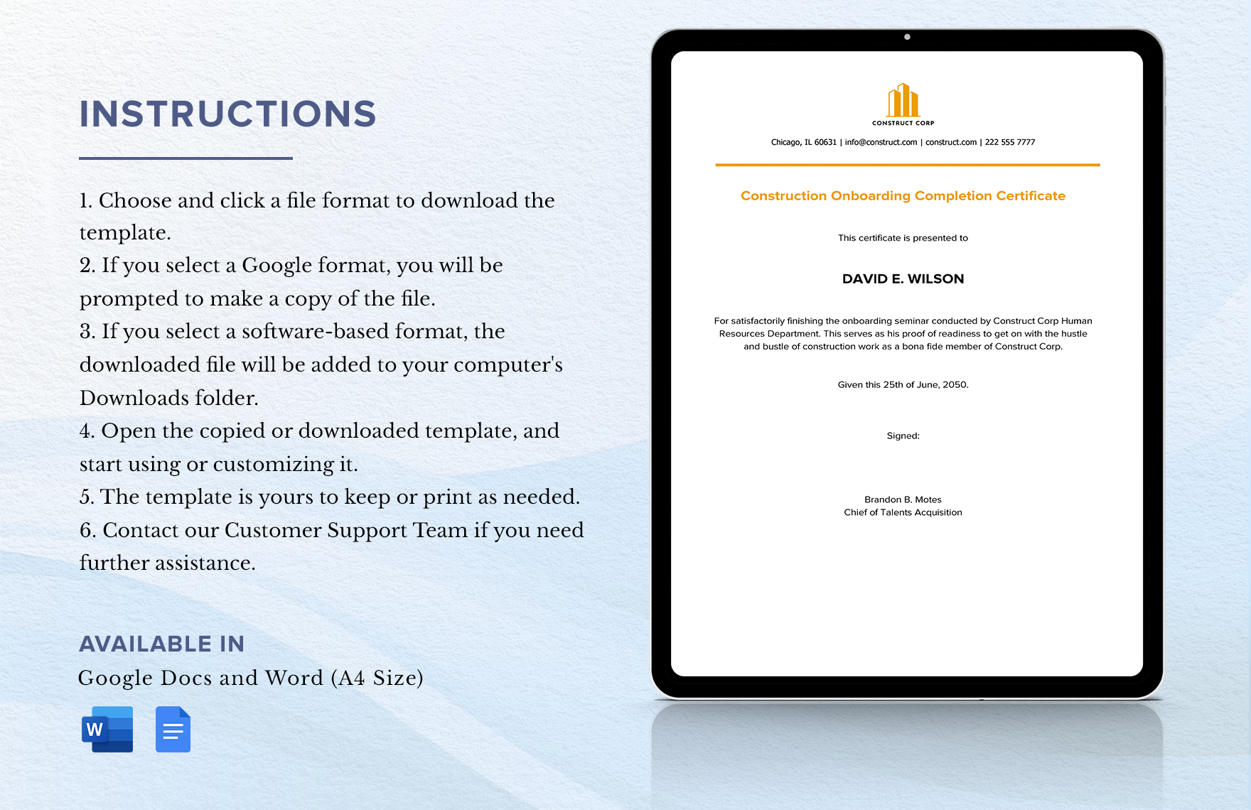 Construction Onboarding Completion Certificate Template