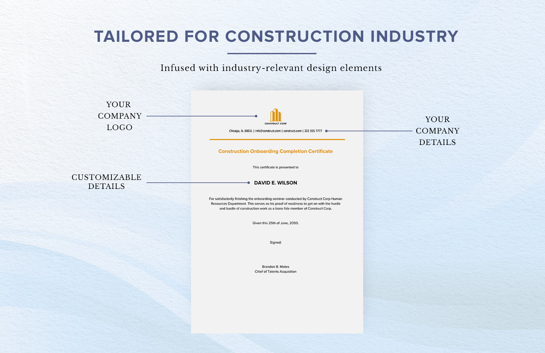 Construction Onboarding Completion Certificate Template