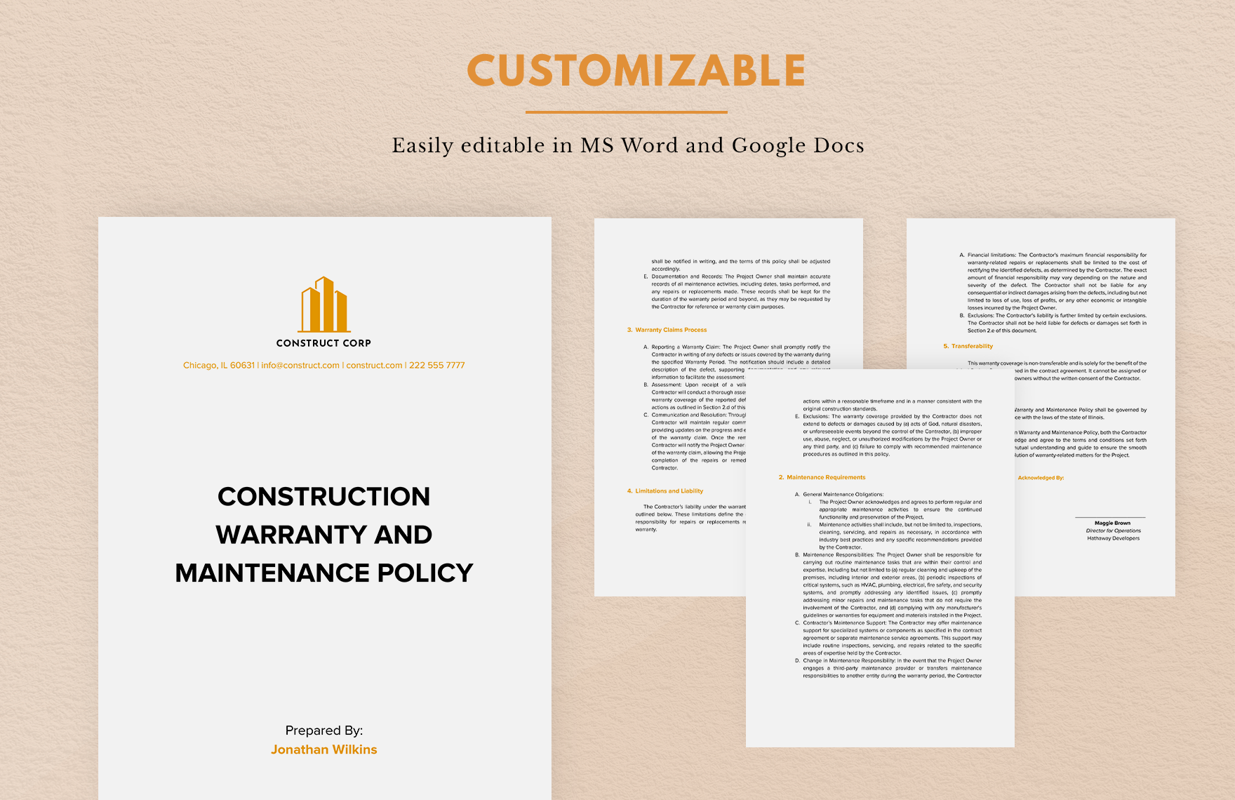Construction Warranty and Maintenance Policy Template