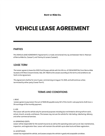 simple vehicle lease agreement template template word doc google