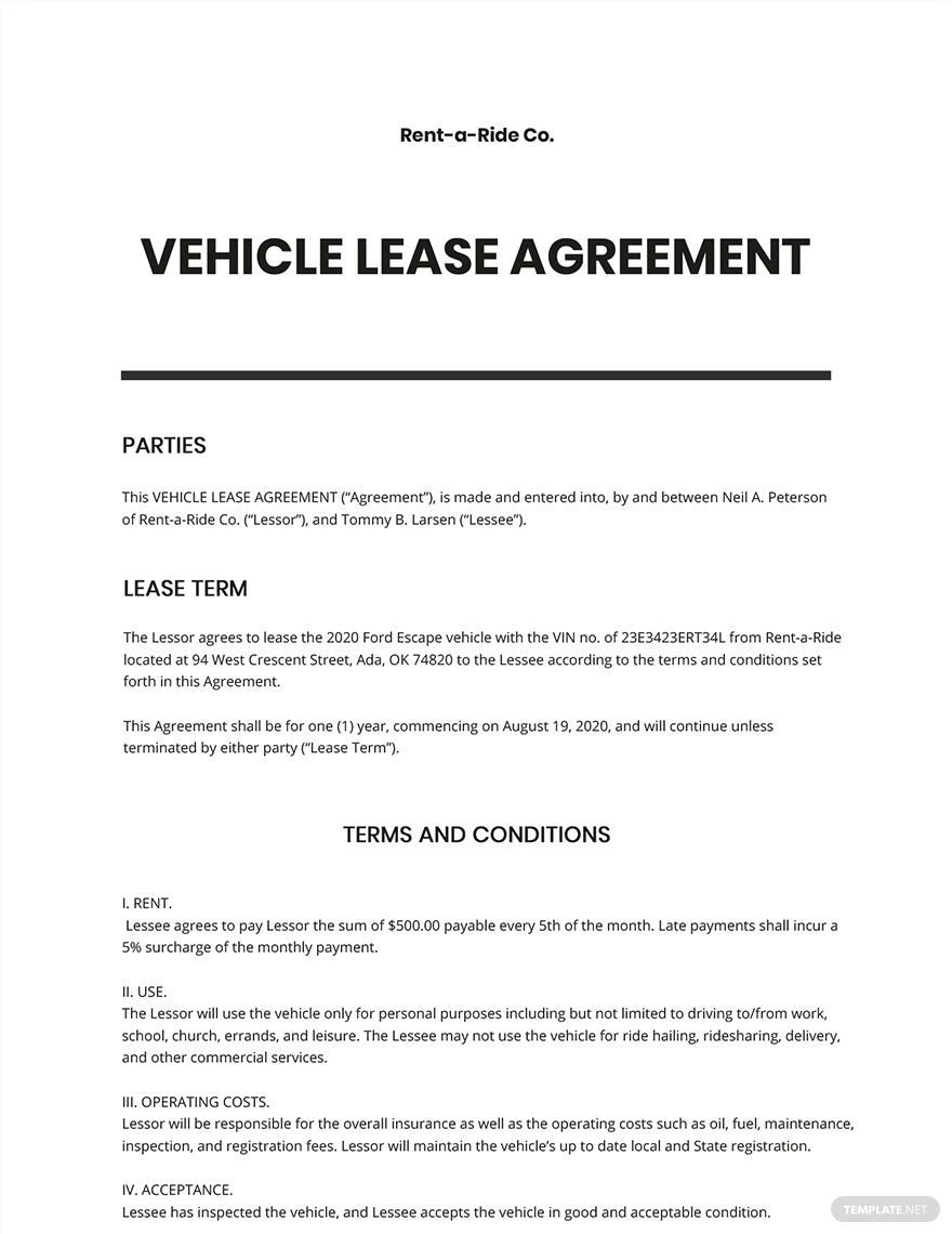 Standard Vehicle Lease Agreement Template Printable Form Templates