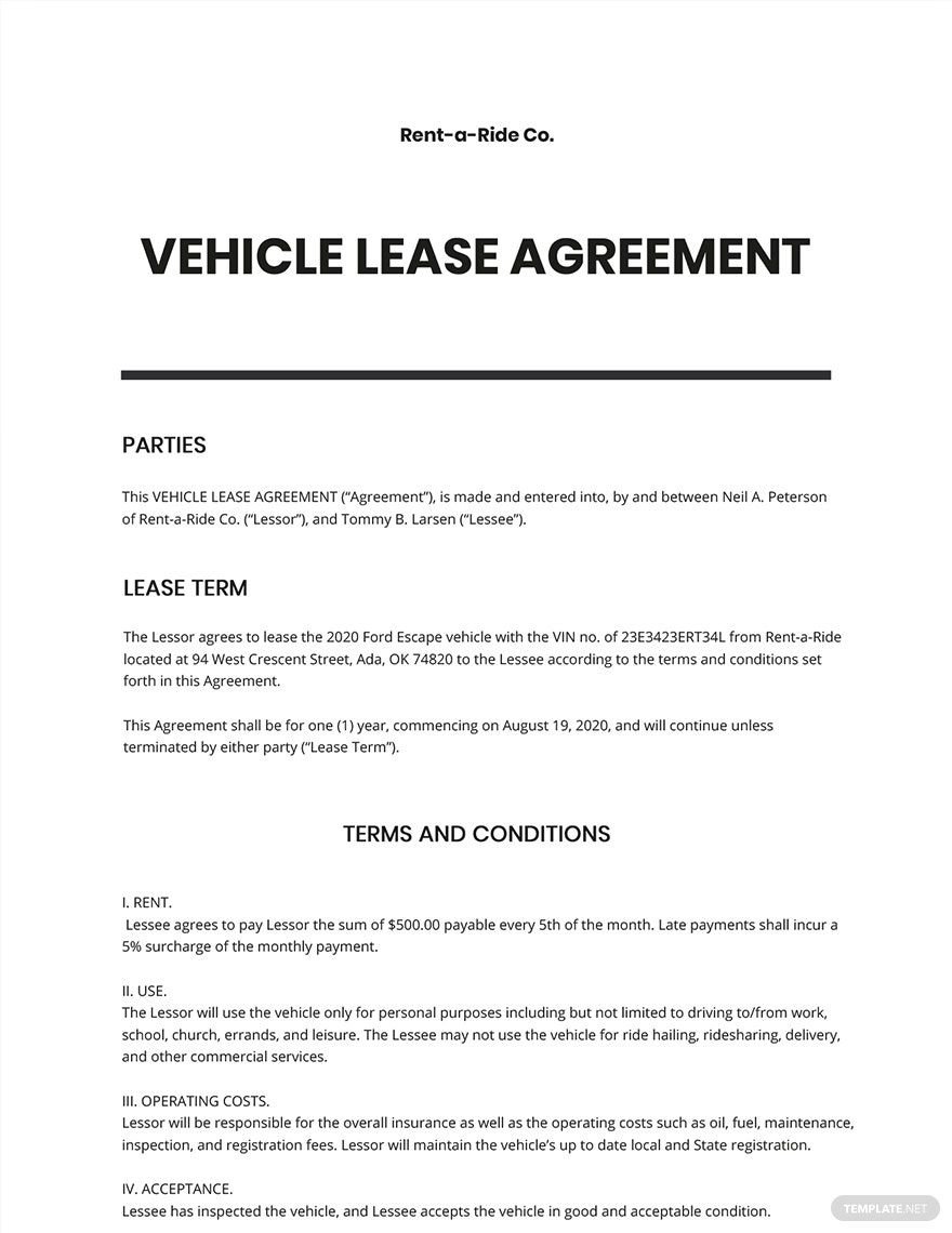 Standard Vehicle Lease Agreement Template Printable Form Templates 