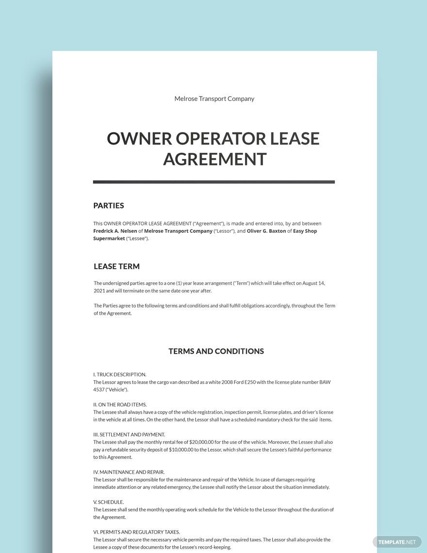 Owner Operator Lease Agreement Template In Google Docs Word Pages 