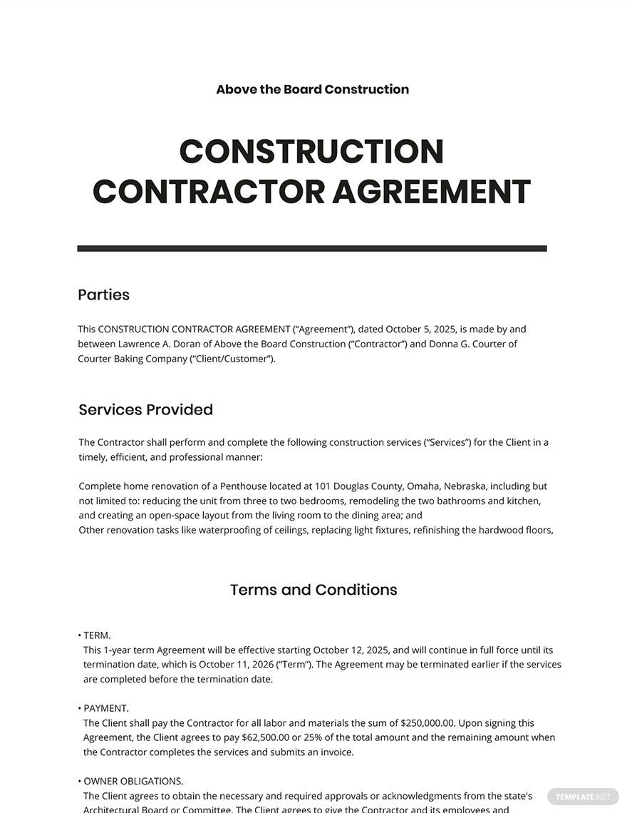 Construction Contractor Agreement Template