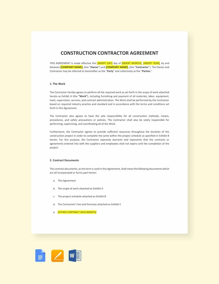 Construction Contractor Agreement Template