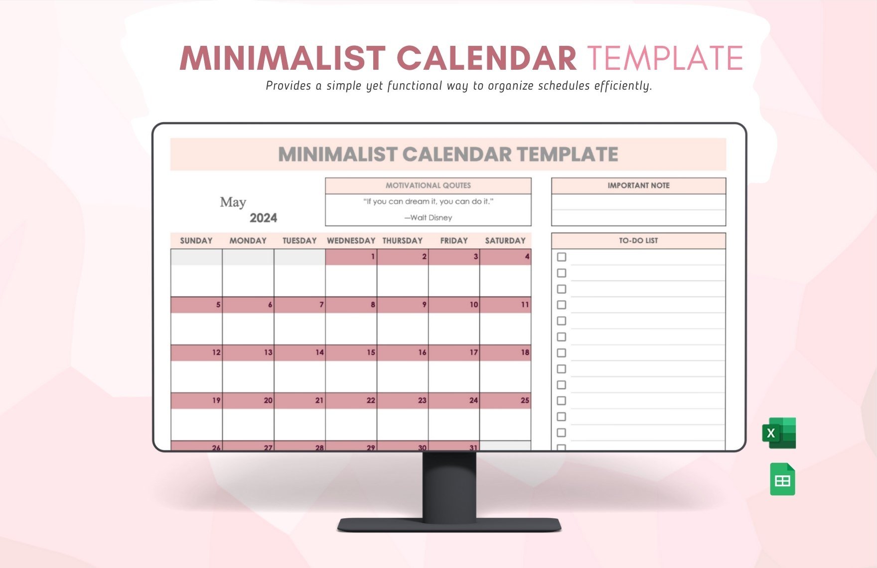 Minimalist Calendar Template in Excel, Google Sheets