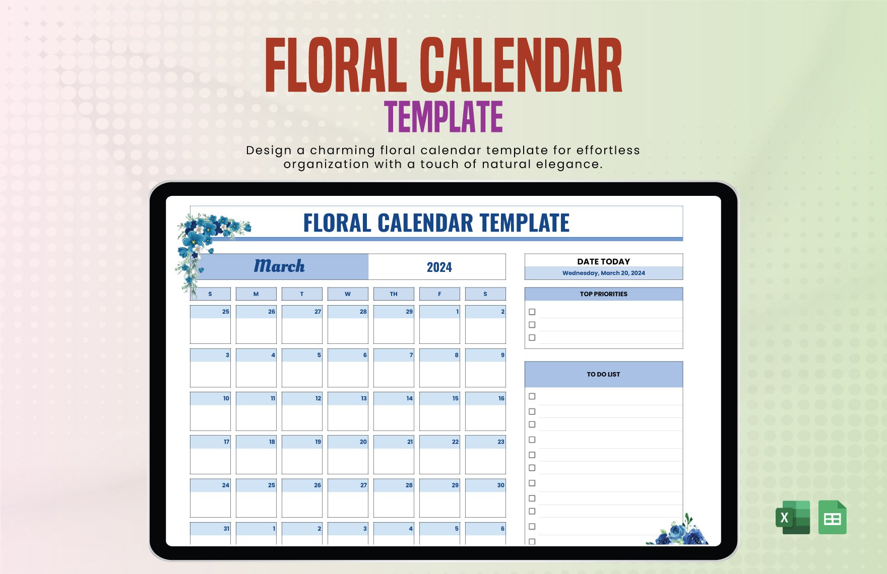 Floral Calendar Template in Excel, Google Sheets