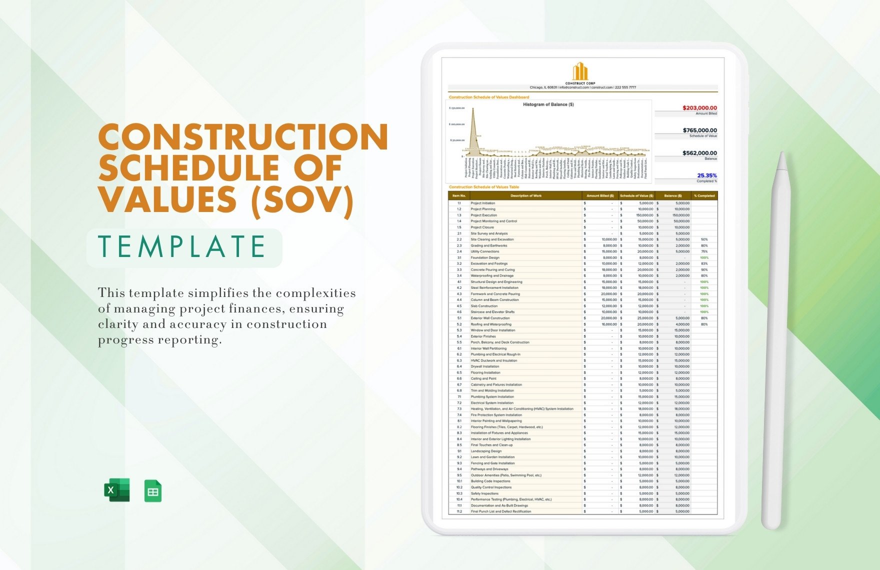 Construction Schedule of Values (SoV) Template in Excel, Google Sheets