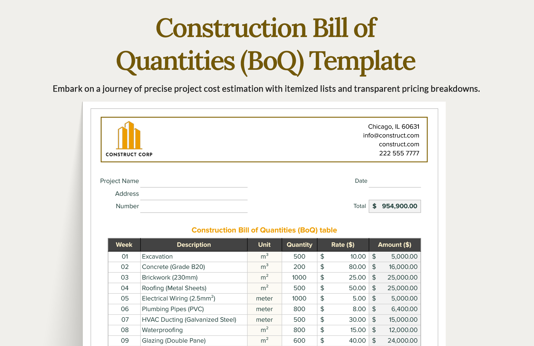 Construction Bill of Quantities (BoQ) Template in Excel, Google Sheets