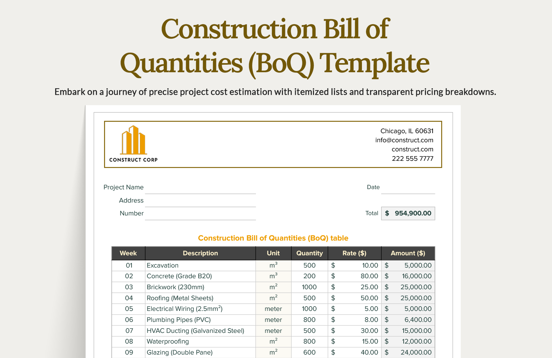 Construction Bill of Quantities (BoQ) Template in Excel, Google Sheets - Download | Template.net