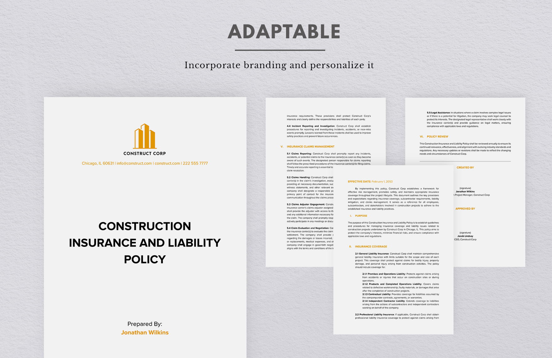 Construction Insurance and Liability Policy Template