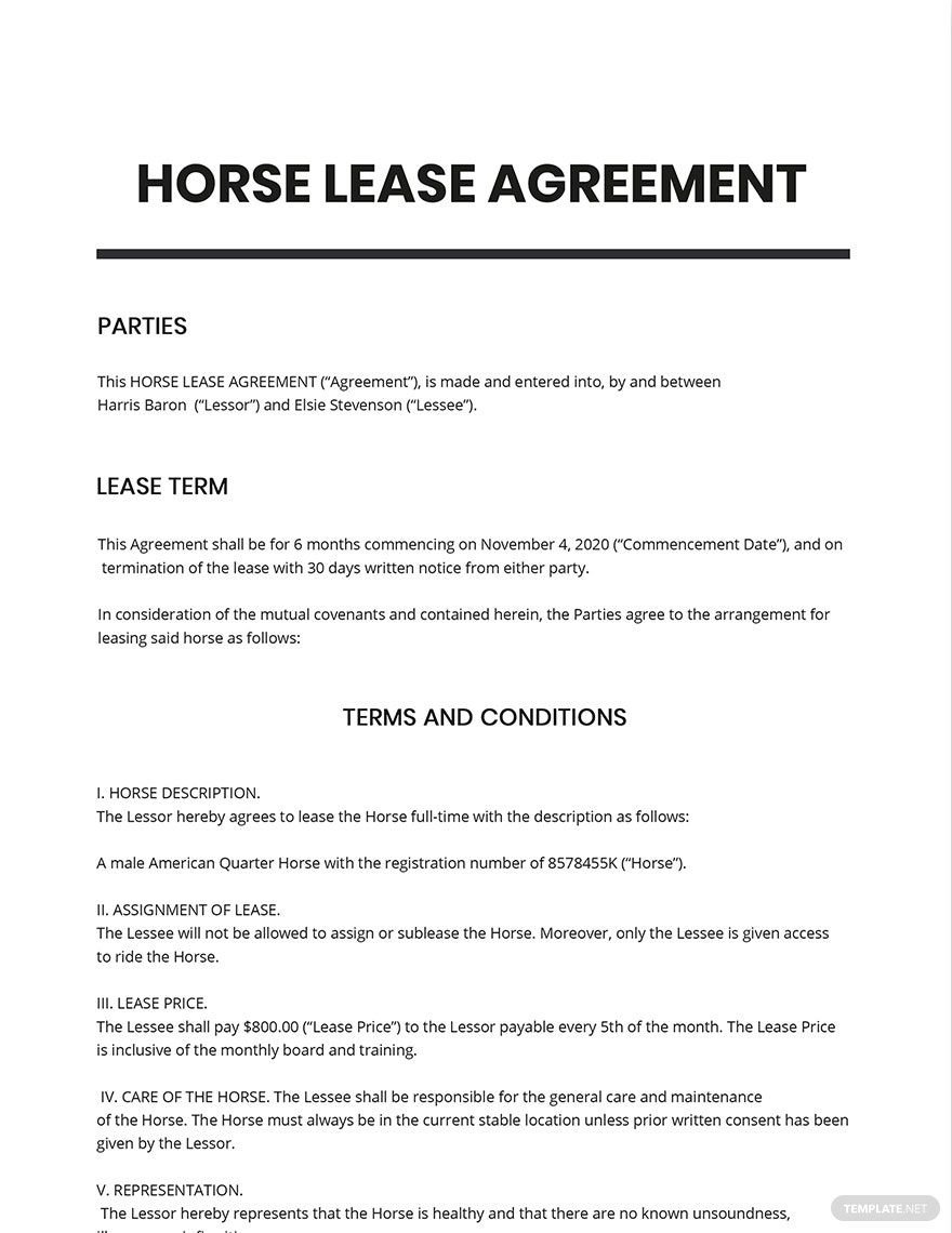Horse Lease Agreement Template Google Docs Word Apple Pages