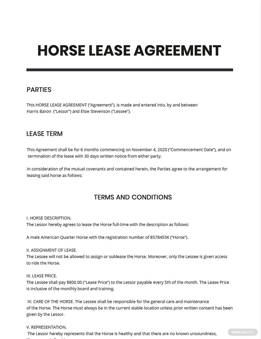 Horse Lease Agreement Template Google Docs Word Apple Pages 