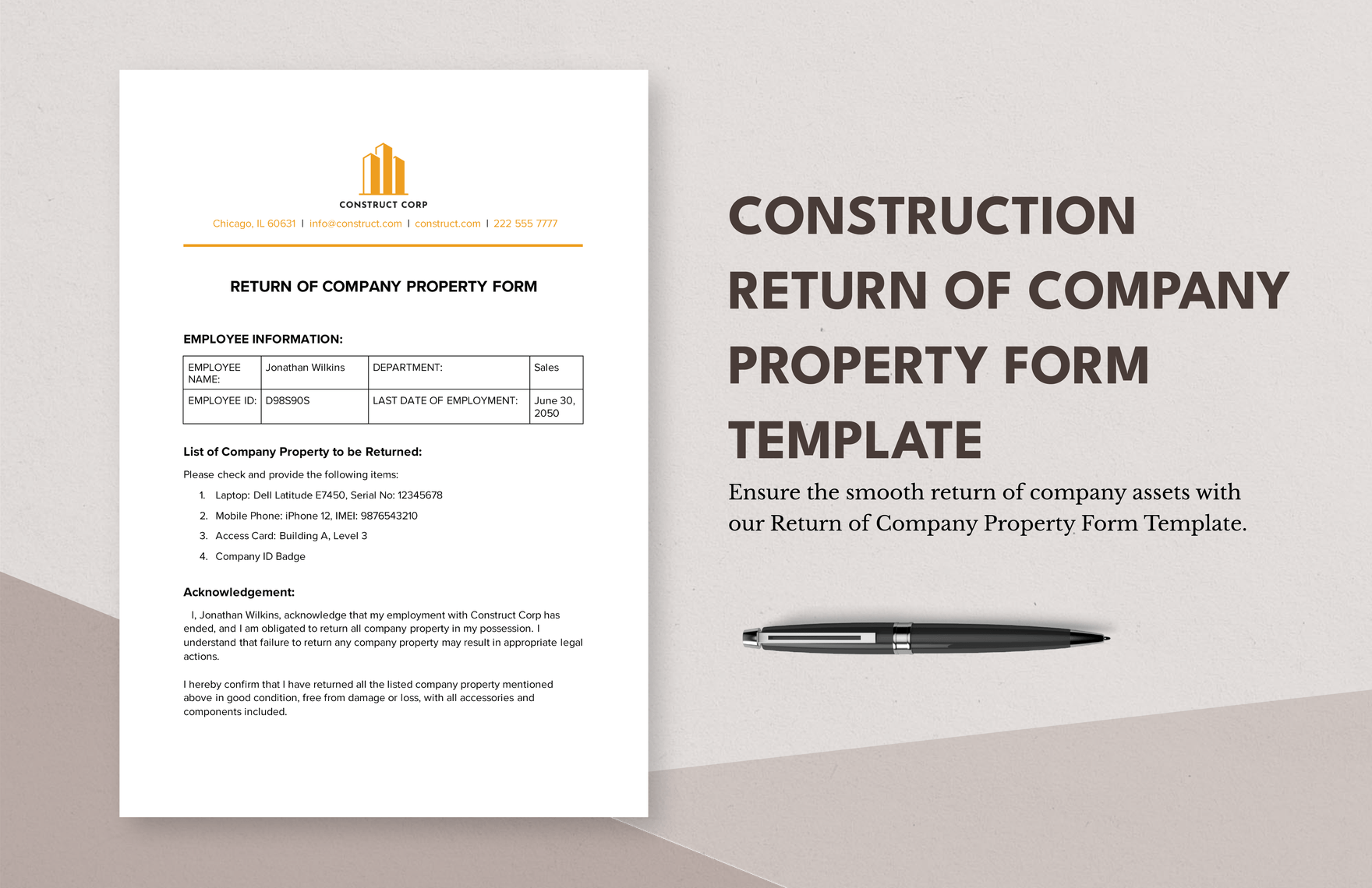 Construction Return of Company Property Form Template