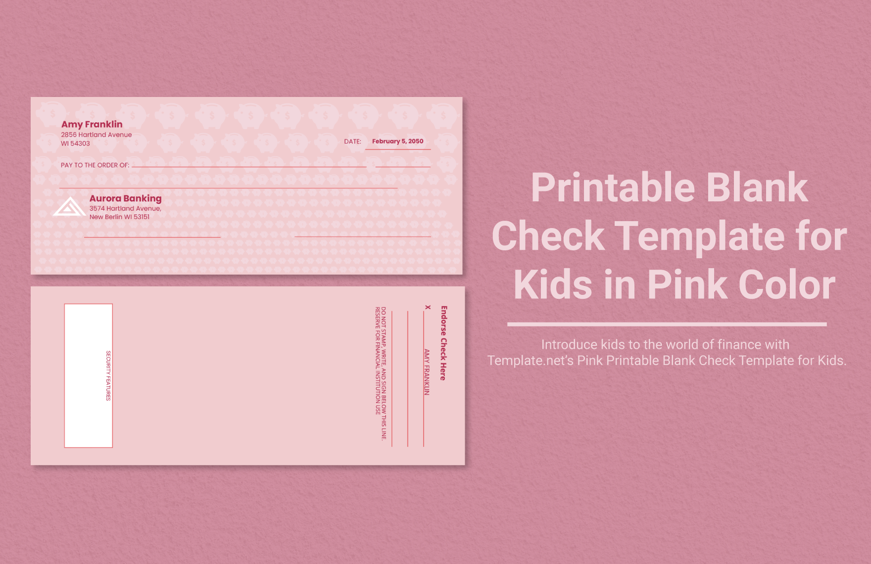 Printable Blank Check Template for Kids in Pink Color - Download in ...