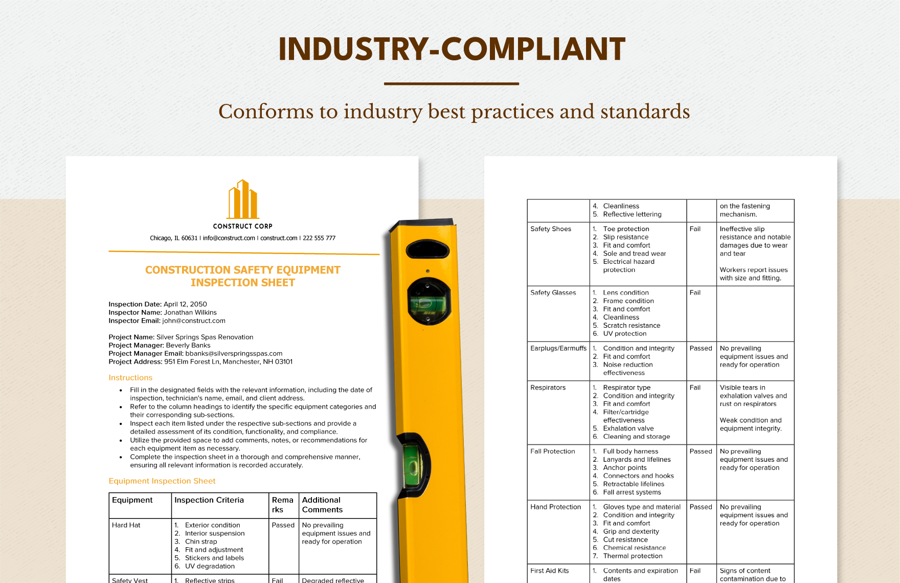 Construction Safety Equipment Inspection Sheet Template