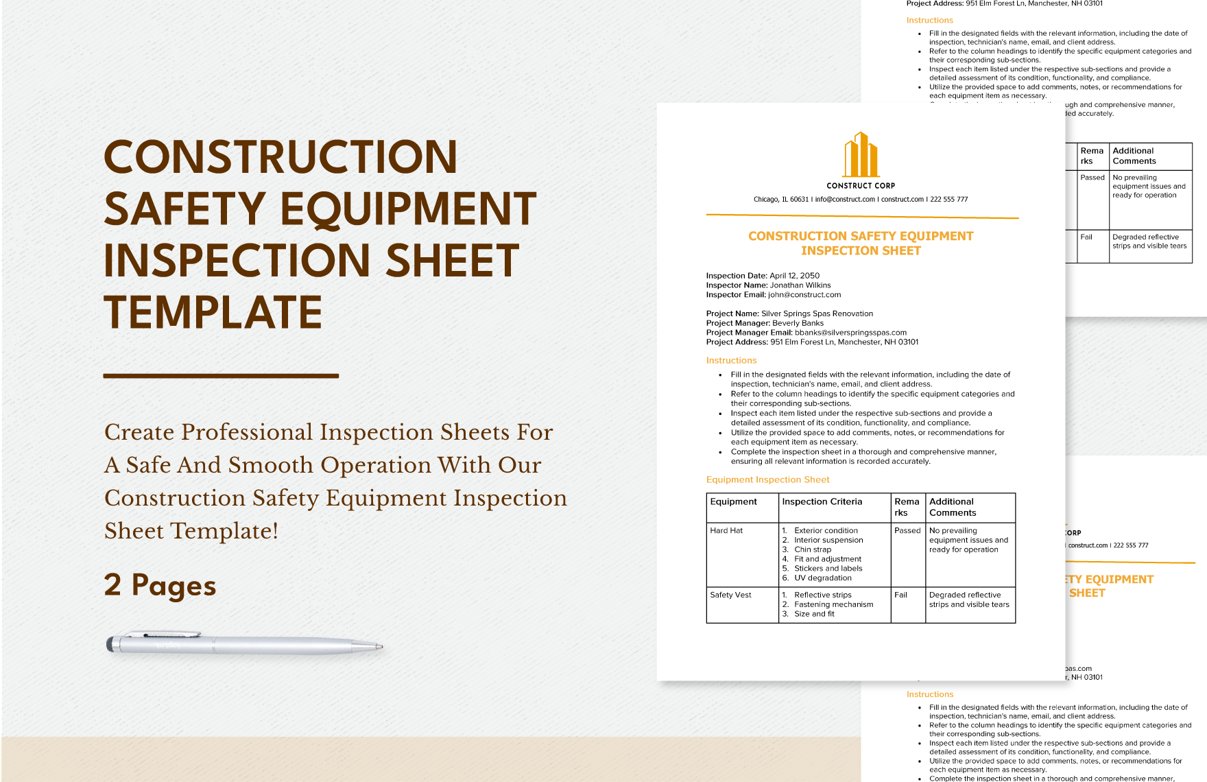 Construction Safety Equipment Inspection Sheet Template
