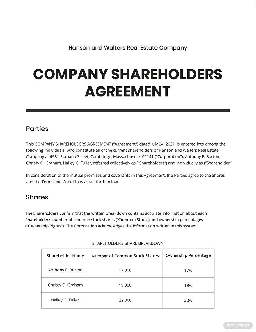 Company Shareholders Agreement Template Google Docs Word Apple