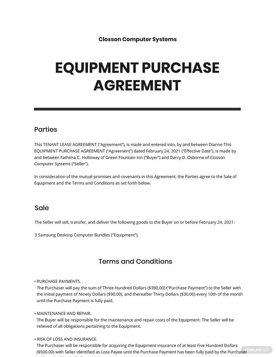 Equipment Purchase Agreement Template Google Docs, Word, Apple Pages