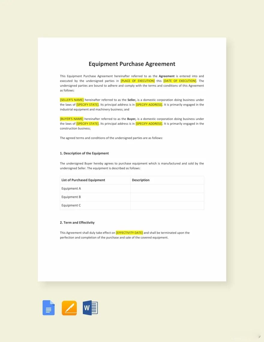 Equipment Purchase Agreement Template in Word, Pages, Google Docs