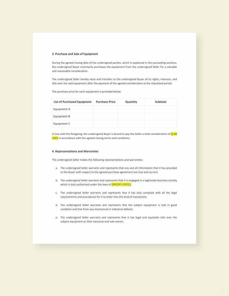 Equipment Purchase Agreement Template