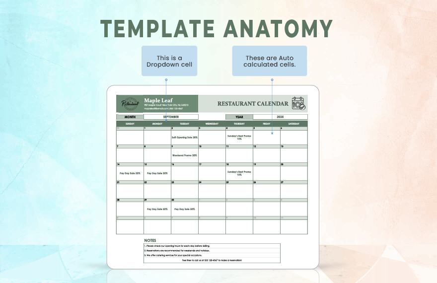 Restaurant Calendar Template