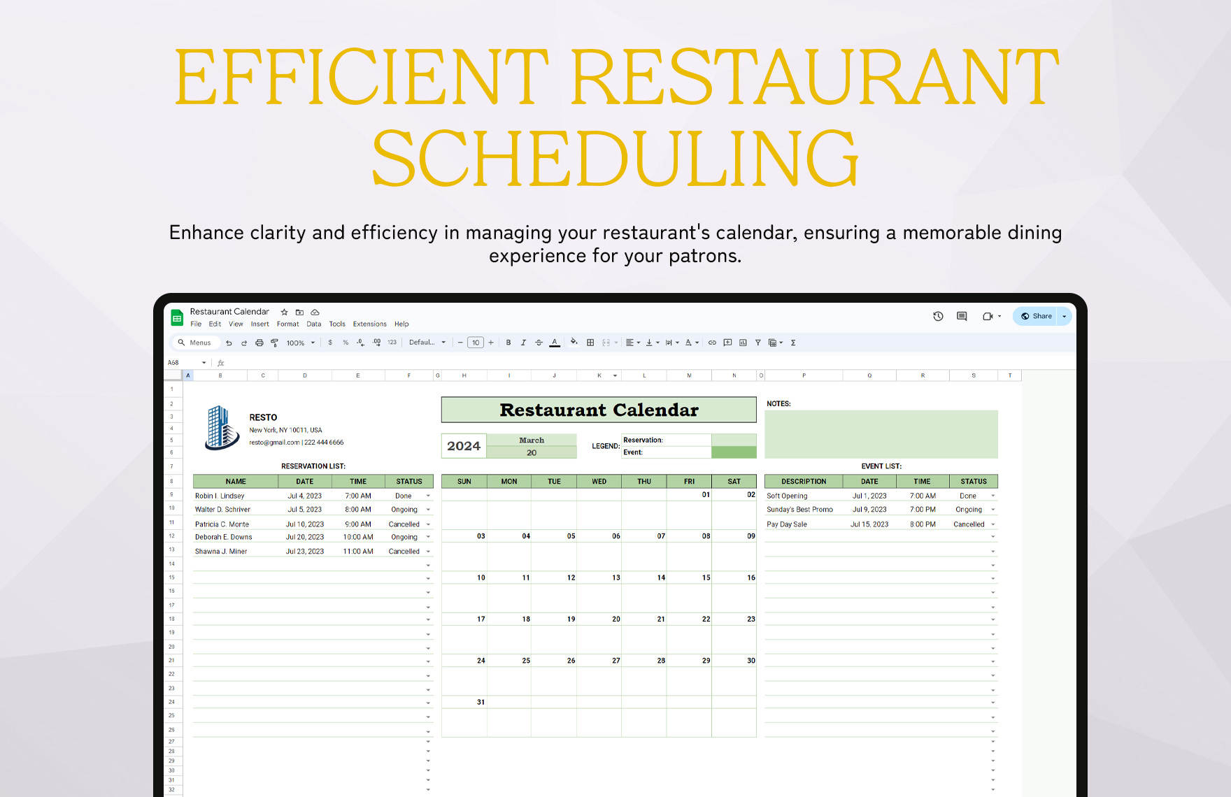 Restaurant Calendar Template
