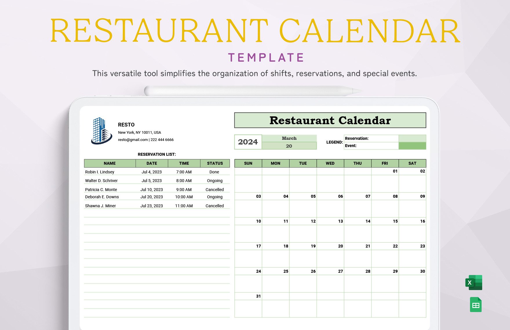 Restaurant Calendar Template in Excel, Google Sheets