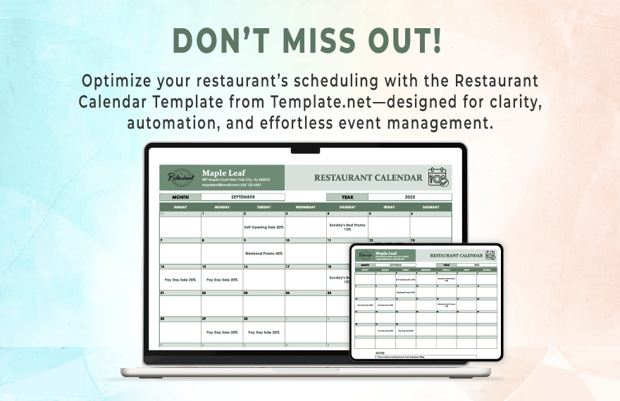 Restaurant Calendar Template