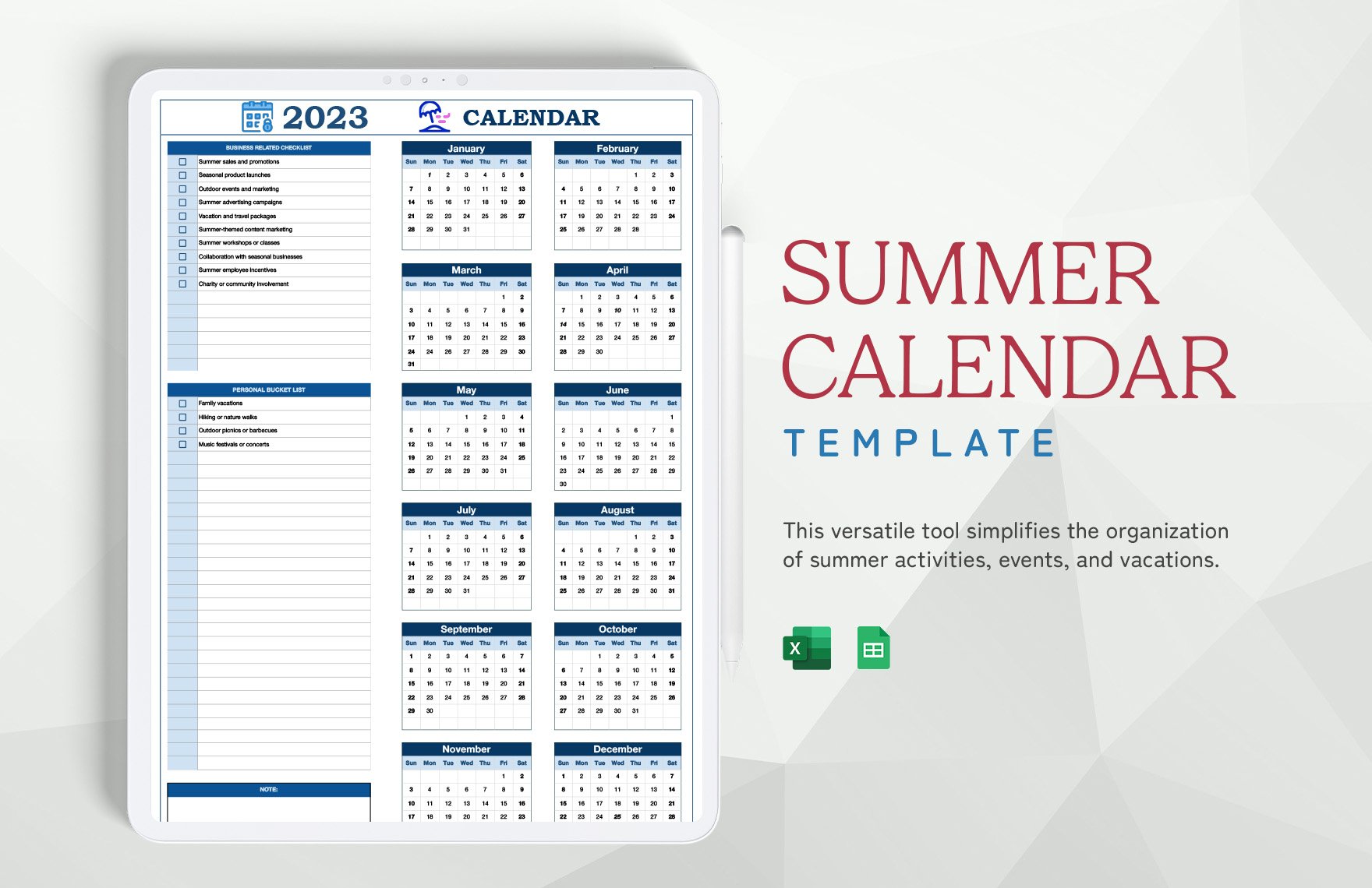 Free Summer Calendar Template in Excel, Google Sheets