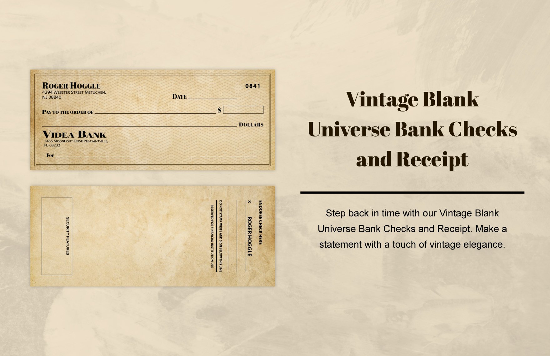 Vintage Blank Universe Bank Checks and Receipt in Word, Illustrator, PSD