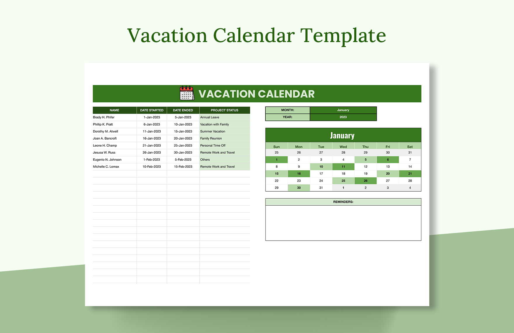 Vacation Calendar Template Download in Excel, Google Sheets