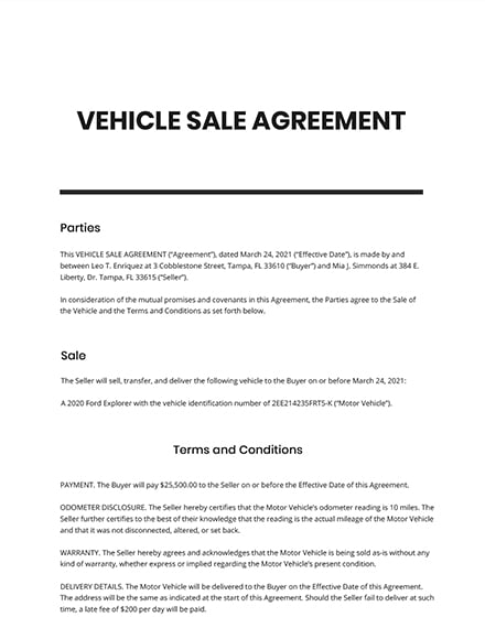 Vehicle Sale Agreement Template Word