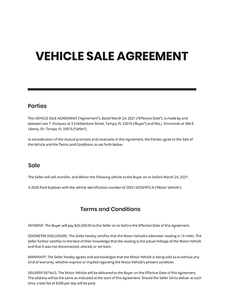 Vehicle Sale Agreement Template Google Docs Word Apple Pages 