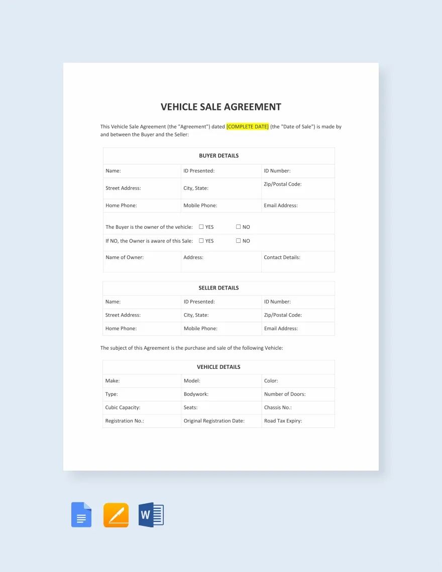 Vehicle Sale Agreement Template