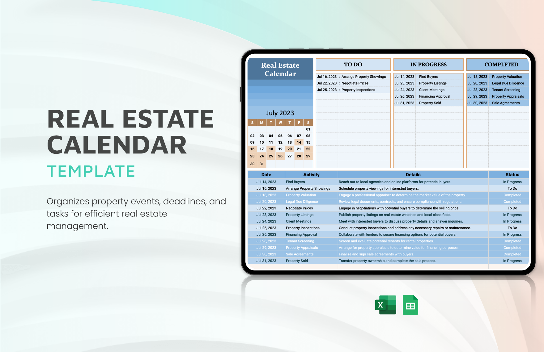 Real Estate Calendar Template in Excel, Google Sheets