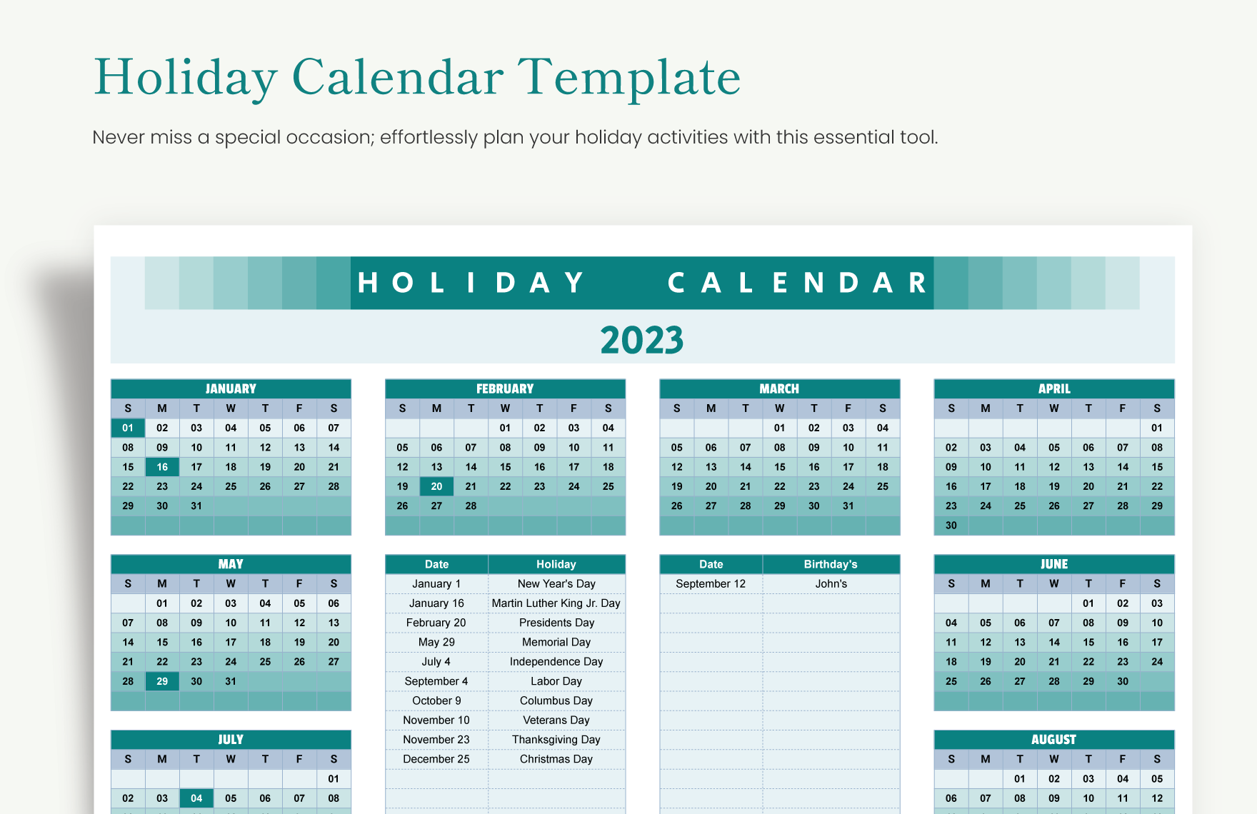 Holiday Calendar Template