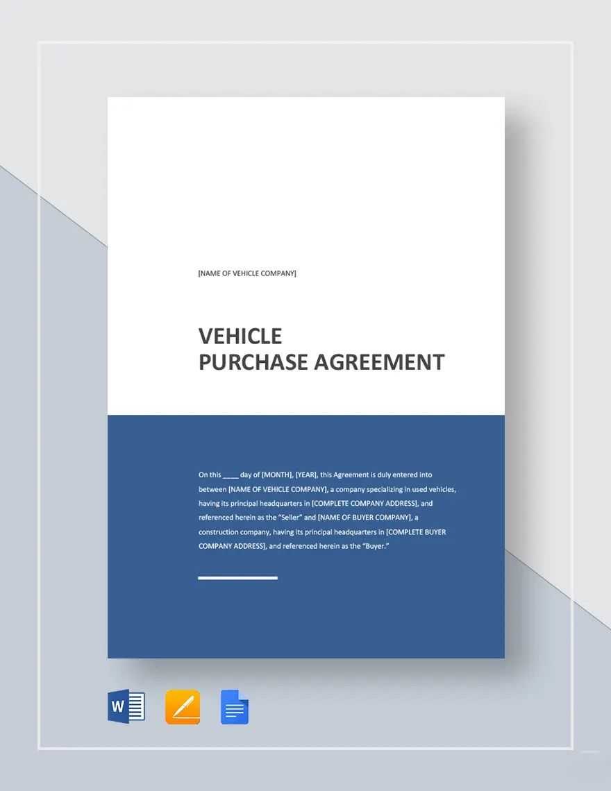 Vehicle Purchase Agreement Template in Word, Google Docs, Apple Pages