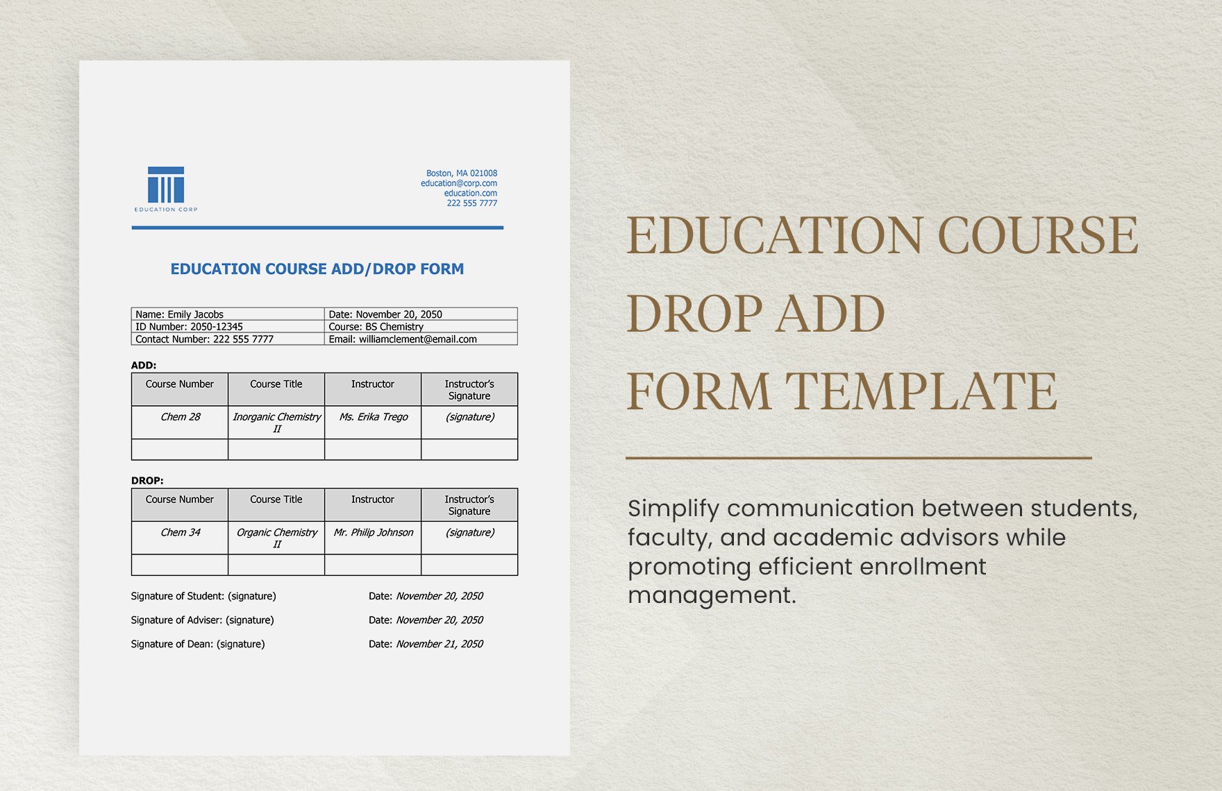 Education Course Drop/Add Form Template