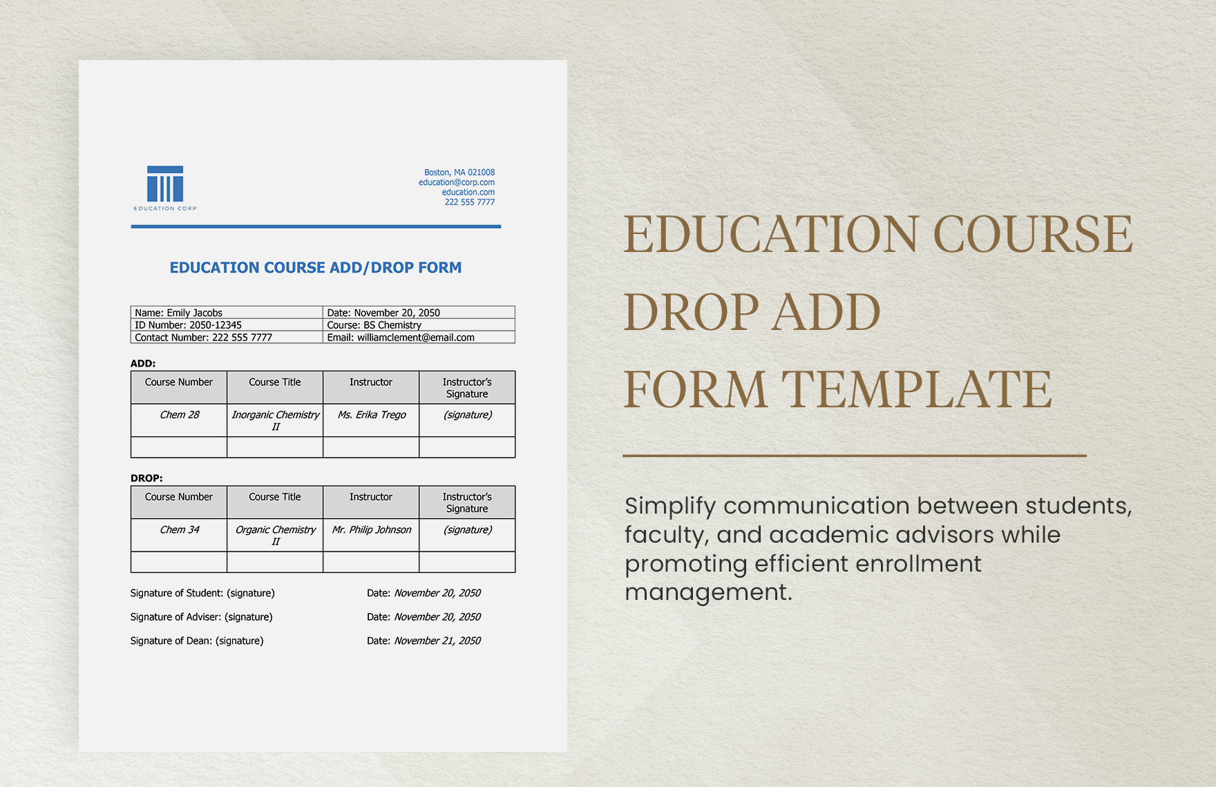 Education Course Drop/Add Form Template in Word, Google Docs